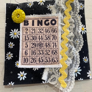 Fragmento de tela, fragmento de diario basura, foto de tela, bingo, tarjeta de bingo antigua, diario, diario basura, puntada lenta, edredón artístico