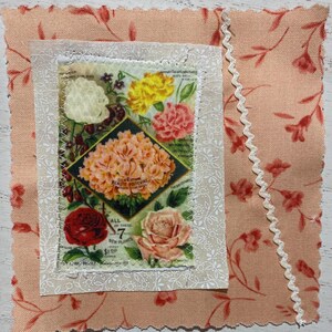 May include: A square fabric patch with pinked edges featuring a peach-colored floral print. A rectangular fabric piece with a white floral pattern is stitched on top, displaying a vintage botanical illustration of roses with the text All of these 7 new plants $1.00 and a white rickrack trim.