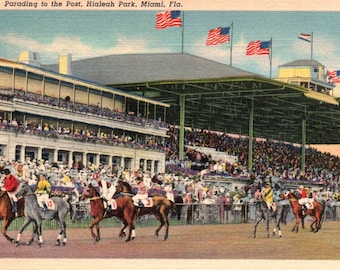 Linen Postcard, Miami, Florida, Hialeah Park, Parade, Racetrack, Postcard, Old Postcard, Vintage Postcard, Florida Postcard, Miami Postcard