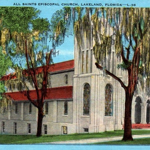 Cartão postal vintage, Lakeland, Flórida, Igreja Episcopal de Todos os Santos, cartão postal, cartão postal de linho, cartão postal antigo, igreja de casamento, cartão postal da Flórida