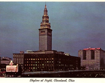 Vintage Postcard, Cleveland, Ohio, Skyline, Night, Terminal Tower, Hotel Cleveland, Calvert Ad, Old Postcard, Cleveland Postcard, Ohio