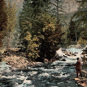 Vintage Postcard, Fishing, Fisherman, Mountain Stream, Mountains, Antique Postcard, Postcard, Fly Fishing, Man Cave, Postcard Fishing