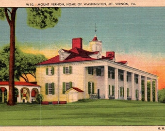 Vintage briefkaart, Mount Vernon, Virginia, huis van George Washington, briefkaart, linnen briefkaart, Virginia briefkaart, president Washington