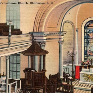 Leinen Postkarte, Charleston, South Carolina, St John&#39;s Lutheran Church, Postkarte, Alte Postkarte, Hochzeit, Kirchenpostkarte, Charleston Postkarte
