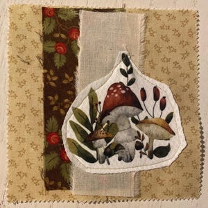 Fabric Snippet, Junk Journal, Fabric Photo, Journaling Page, Woodlands, Cottage Core, Mushrooms, Slow stitch, Journal Tuck, Fabric Snippets