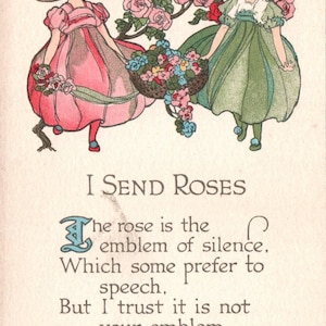 Postal vintage, rosas, niñas, flores, postal victoriana, poema, antigüedad, efímera, diario basura, postal antigua, floral, decoración, regalo