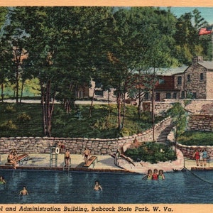 Cartão postal de linho, Babcock State Park, West Virginia, piscina, cartão postal, cartão postal vintage, cartão postal de West Virginia