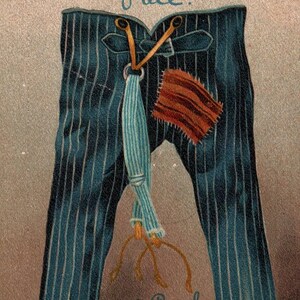 Cartão postal vintage, par de calças, cartão postal antigo, remendos, calças, cartão postal antigo, cartões postais vintage, cartão postal cômico, 1909, antigo