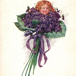 Cartão postal vintage, buquê de violetas, feliz aniversário, menina em buquê de violetas, violetas antropomórficas, cartão postal, cartão postal antigo