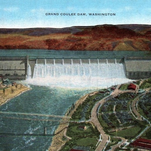 carte postale vintage, barrage de Grand Coulee, Washington, carte postale, carte postale en lin, carte postale de Washington, Grand Coulee Washington, carte postale de Washington