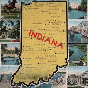 Carte postale vintage, Indiana, carte de l'État de l'Indiana, Carte postale de l'Indiana, Carte postale en lin, Carte postale de l'Indiana, Carte de l'Indiana, Carte postale ancienne, Carte postale de l'Indiana