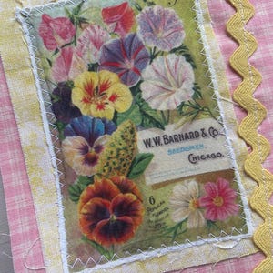 Fabric Snippet, Junk Journal, Flowers, Patch, Boho, Writing, Seed Catalog, Cottage Core