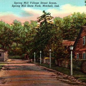 Vintage Postkarte, Mitchell, Indiana, Spring Mill State Park, Spring Mill Village, Postkarte, Ephemera, Antik, Reise, Urlaub, Altstadt