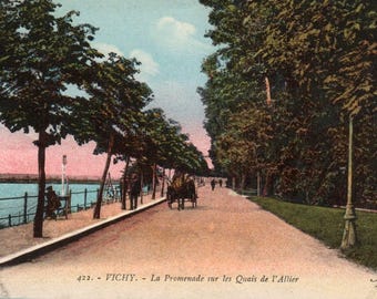Carte postale vintage, Vichy, La Promenade, Quais de l'Allier, Carte postale, Carte postale ancienne, Carte postale française, Carte postale France Vichy, Cadeau