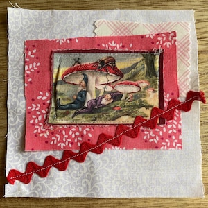 Fabric Snippet, Junk Journal, Fabric Photo, Journaling Page, Woodlands, Cottage Core, Mushrooms, Slow stitch, Journal Tuck, Fabric Snippets