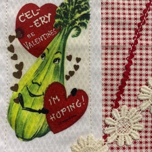 Fabric Snippet, Junk Journal, Fabric Photo, Journaling Page, Anthropomorphic Vegetable, Celery, Slow stitch, Journal Tuck, Fabric Snippets