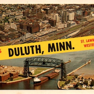 carte postale vintage, Duluth, Minnesota, voie maritime du Saint-Laurent, terminus ouest, carte postale, vintage, éphémères, cadeau Duluth, vue sur la ville de Duluth