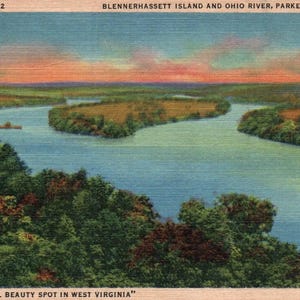Postal antigua, isla Blennerhassett, río Ohio, Parkersburg, Virginia Occidental, postal, postal de lino, regalo de Virginia Occidental, regalo de postal
