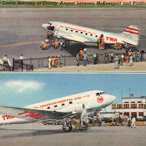 Leinen Postkarte, McKeesport, Pittsburgh, Pennsylvania, Flughafen, County Airport, TWA Flugzeug, Allegheny County Airport, Vintage Postkarte