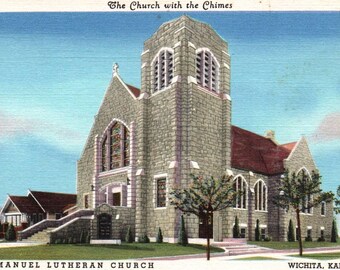 Vintage Postkarte, Wichita, Kansas, Kirche mit dem Glockenspiel, Immanuel-Lutherische Kirche, Postkarte, Leinenpostkarte, Wichita Kirche, Wichita Geschenk