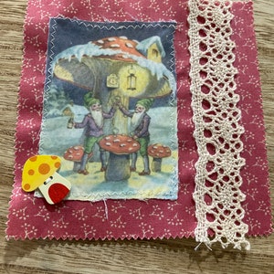 Fabric Snippet, Junk Journal Snippet, Fabric Photograph, Elves, Mushrooms, Cottage Core, Junk Journal, Mixed Media, Fabric Snippets