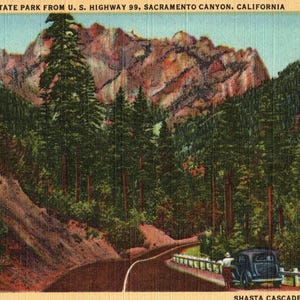 Vintage Postkarte, Castle Crags State Park, Sacramento Canyon, Kalifornien, Shasta Cascade, Leinenpostkarte, Postkarte, Kalifornien-Postkarte