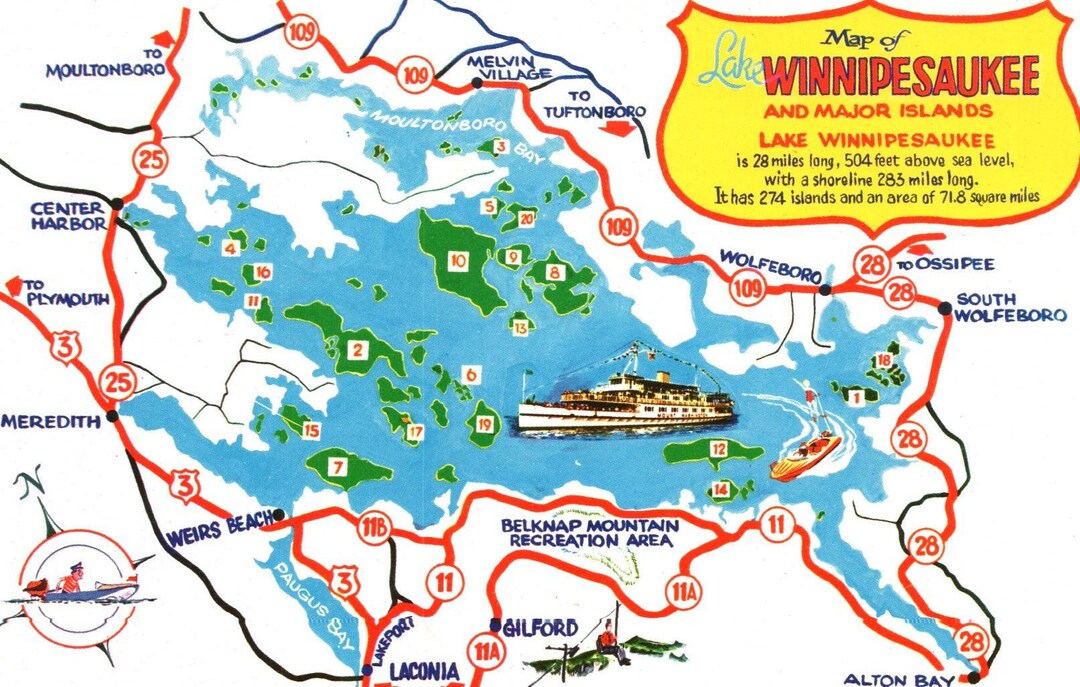 Lake Winnipesaukee, New Hampshire, Map, Major Islands, Postcard
