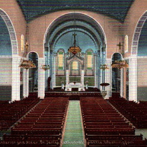 carte postale vintage, Seattle, Washington, Cathédrale Saint-James, Autel, Carte postale, Carte postale de Seattle, Carte postale de Washington, Autel de l’église, Journalisation