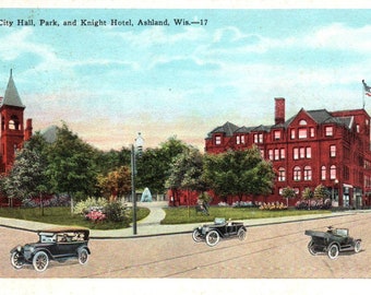 Vintage Postcard, Ashland, Wisconsin, City Hall, Park, Knight Hotel, Postcard, Old Postcard, Ashland Postcard, Wisconsin Postcard