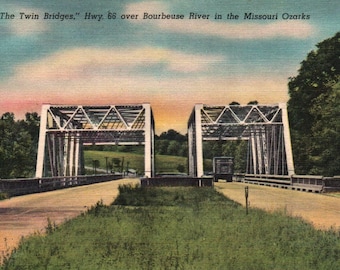 Vintage ansichtkaart, Twin Bridges, Missouri, Highway 66, Route 66, Bourbeuse River, Missouri, Missouri ansichtkaart, ansichtkaart, linnen ansichtkaart