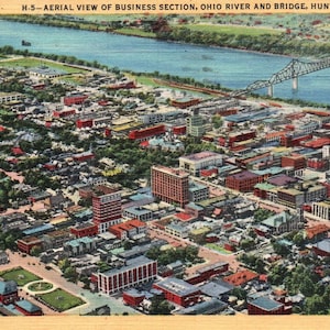 carte postale vintage, Huntington, Virginie-Occidentale, section affaires, rivière Ohio, carte postale Huntington, Virginie-Occidentale, cartes postales anciennes, papier ancien