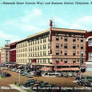 Carte postale en lin, Cheyenne, Wyoming, Sixteenth Street, Lincoln Way, quartier des affaires, carte postale, ancienne carte postale, carte postale vintage, Cheyenne
