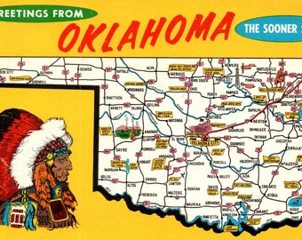 Vintage Postcard, Oklahoma, Map, Sooner State, Map Postcard, Oklahoma Postcard, Found Postcard, Chrome Postcard, Oklahoma Souvenir
