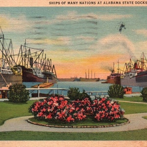 Cartolina d'epoca, Mobile, Alabama, State Docks, Alabama State Docks, Navi, Cartolina, Cartolina di lino, Cartolina dell'Alabama, Mobile