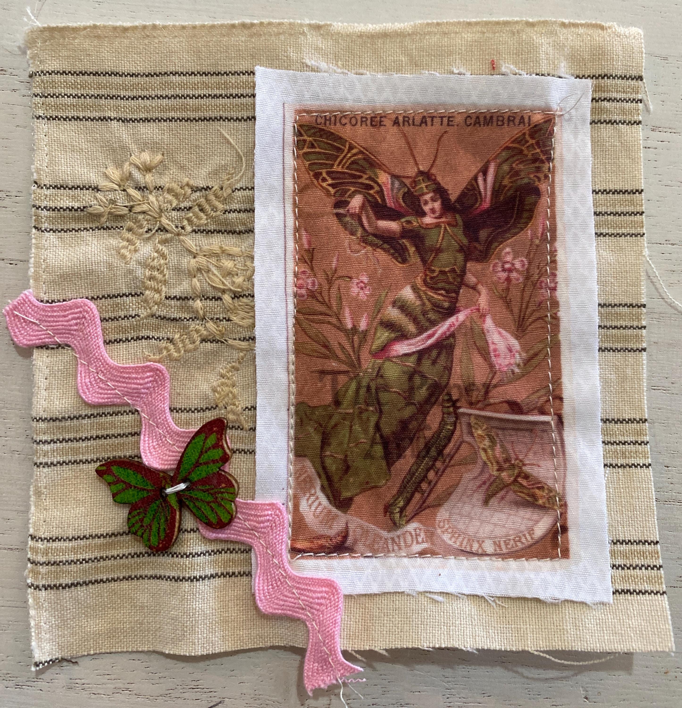 Fabric Snippet, Junk Journal Snippet, Anthropomorphic Butterfly, Cottage Core, Junk Journal, Mixed Media, Mini Quilt, Journaling