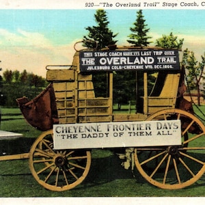 Cartão postal de linho, Cheyenne, Wyoming, trilha terrestre, treinador de palco, cartão postal, cartão postal antigo, cartão postal vintage, cartão postal Cheyenne