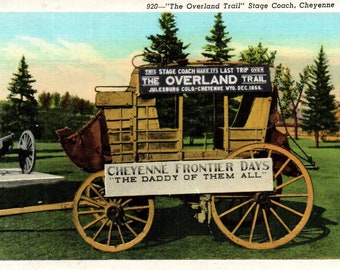 Linen Postcard, Cheyenne, Wyoming, Overland Trail, Stage Coach, Postcard, Old Postcard, Vintage Postcard, Cheyenne Postcard