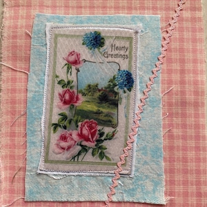 Stoffenfragment, junkjournaal, bloemen, vintage zadencatalogus, cottage-kern, patch