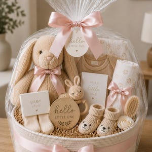 Pu&ograve; includere: Un cesto regalo avvolto in plastica trasparente con un fiocco di raso rosa contenente un coniglietto di peluche beige, un sonaglio a uncinetto, un body a coste, una mussola floreale, scarpine a maglia a forma di orso, una spazzola e biglietti hello LITTLE ONE.