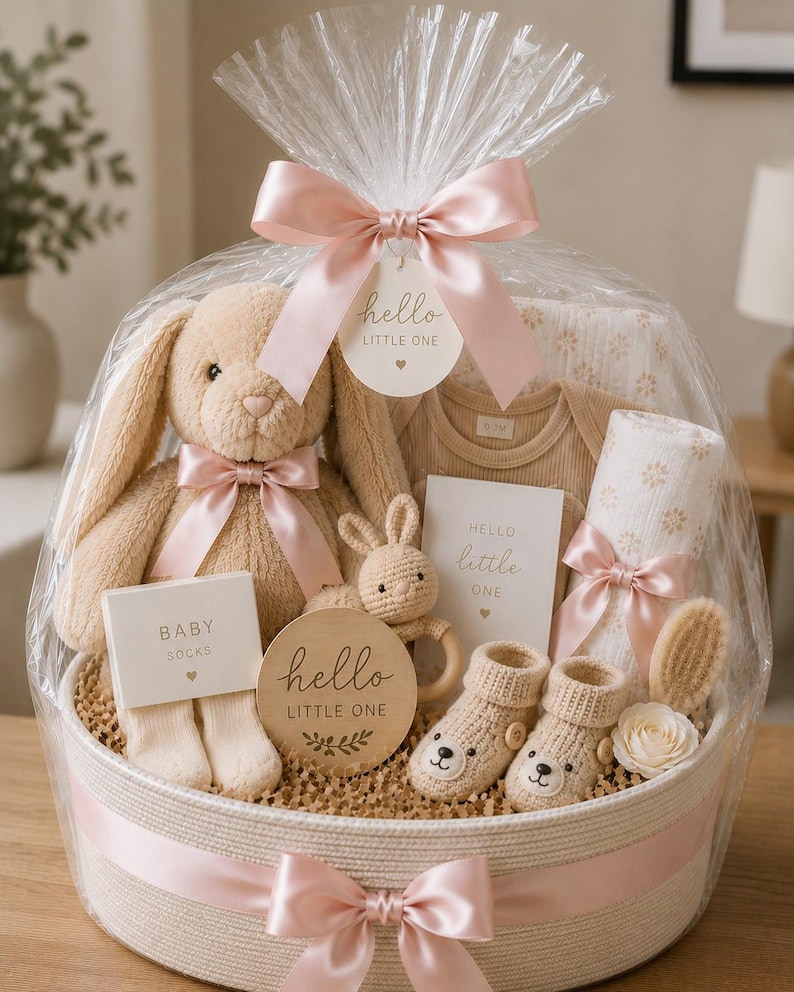 Pu&ograve; includere: Un cesto regalo avvolto in plastica trasparente con un fiocco di raso rosa contenente un coniglietto di peluche beige, un sonaglio a uncinetto, un body a coste, una mussola floreale, scarpine a maglia a forma di orso, una spazzola e biglietti hello LITTLE ONE.