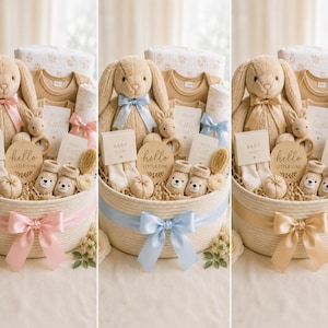 Pu&ograve; includere: Un cesto regalo per neonati con un coniglietto di peluche, un disco in legno Hello Little One, calzini, un body, una copertina, un sonaglio e una spazzola in legno. Il cesto rotondo in corda &egrave; decorato con un grande fiocco in raso rosa, blu o oro.
