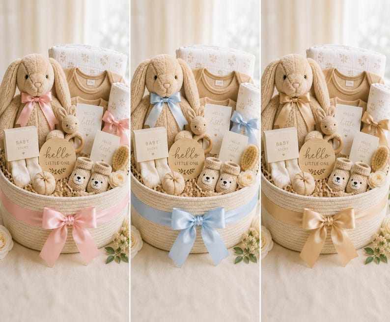 Pu&ograve; includere: Un cesto regalo per neonati con un coniglietto di peluche, un disco in legno Hello Little One, calzini, un body, una copertina, un sonaglio e una spazzola in legno. Il cesto rotondo in corda &egrave; decorato con un grande fiocco in raso rosa, blu o oro.