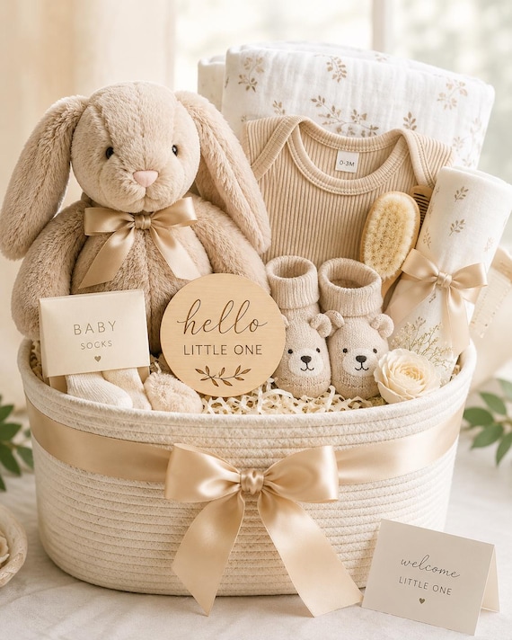Luxury Neutral Baby Gift Basket, Baby Shower Gift, Newborn Baby Basket, Welcome Baby Gift Set, Beige Baby Shower Basket, Unisex Baby Gift