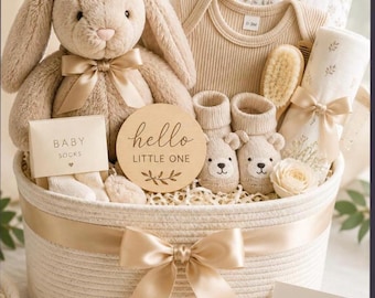 Può includere: Un cesto regalo per neonati color beige contenente un coniglietto di peluche con fiocco in raso, un body a coste, scarpine con muso d'orso, un disco in legno con scritto hello LITTLE ONE, una coperta in mussola floreale, una spazzola e un biglietto welcome LITTLE ONE.
