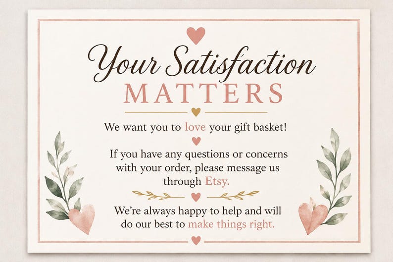 Pu&ograve; includere: Una carta rettangolare con sfondo color crema e un sottile bordo rosa. Il testo recita: Your Satisfaction MATTERS. We want you to love your gift basket! If you have any questions or concerns with your order, please message us through Etsy. We're always happy to help and will do our best to make things right. Il design presenta piccoli cuori rosa, accenti dorati e illustrazioni di foglie ad acquerello verde sui lati.