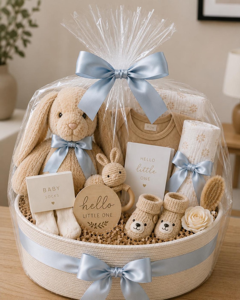 Pu&ograve; includere: Un cesto regalo avvolto in plastica trasparente con un nastro azzurro contenente un coniglietto di peluche beige, un sonaglio a forma di coniglio all'uncinetto, un body beige, una coperta bianca a fiori, calzini, scarpine a orsetto e una spazzola.