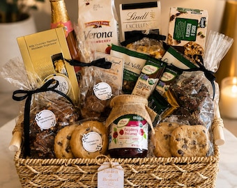 Può includere: Un cesto di vimini pieno di prodotti gastronomici, tra cui biscotti, cioccolato e conserve. Il cesto contiene una bottiglia di champagne, un barattolo di marmellata di lamponi e vari snack confezionati. Un'etichetta regalo è attaccata.