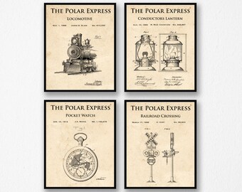 4 Polar Express Train Pocket Watch Lantern Railroad Crossing Patents Printable Instant Download Christmas Download Polar Express Gifts