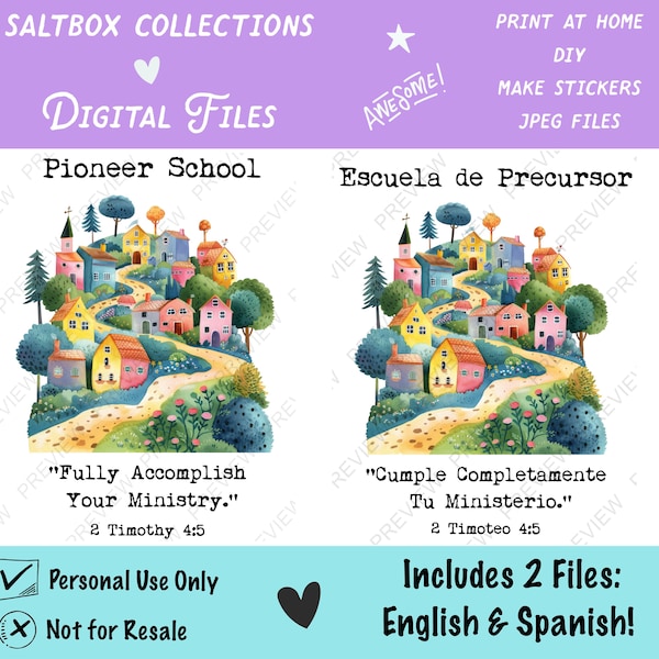 May include: Digital files featuring watercolor illustrations of a village scene with colorful houses and winding roads. The text includes "Pioneer School" and "Escuela de Precursor", plus the phrases "Fully Accomplish Your Ministry" and "Cumple Completamente Tu Ministerio."