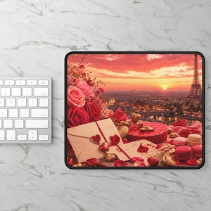 Valentines Day Desk Mat, Paris Eiffel Tower Large Mouse Pad, Romantic Rose Desk Blotter, Love Letter Gift, Gamer Setup Decor 0738